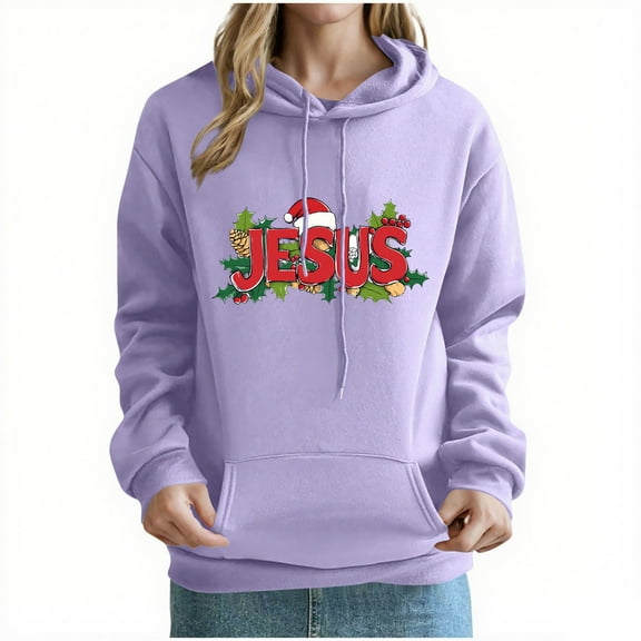 QTBIUQ Women Fashion Christmas Print Pocket Shoulder Sleeves Long Sleeved Top Hooded Sweatshirt Purple