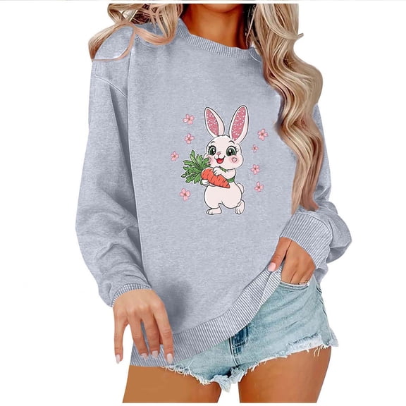 QTBIUQ Women Fashion Long Sleeve Round Neck T-Shirt Printing Loose Blouse Hoodless Sweatshirts Gray