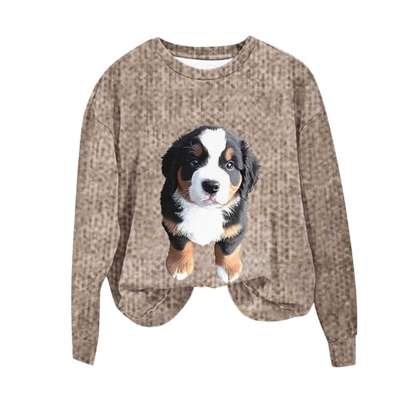 QTBIUQ Women Fashion Printed Loose Long Sleeve Blouse Round Neck Hoodless Sweatshirts Top Khaki