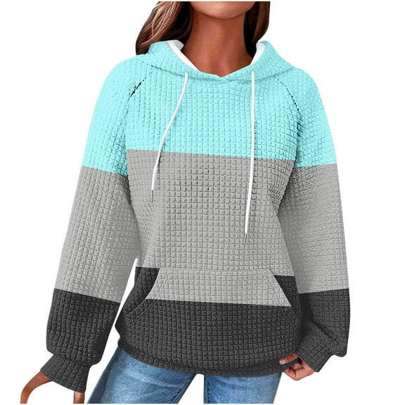 QTBIUQ Women Fashion Printing Pocket Raglan Sweater Hooded Sweater Long Sleeve Top Light Blue
