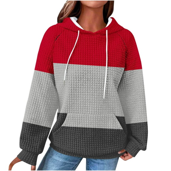 QTBIUQ Women Fashion Printing Pocket Raglan Sweater Hooded Sweater Long Sleeve Top Red