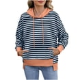 thumbnail image 1 of QTBIUQ Women Long Sleeve Hooded Striped Drawstring Pullover Casual Sweatshirt Gray, 1 of 8