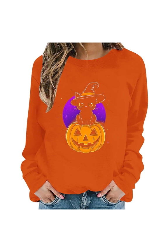 Women Loose and Casual Halloween Printed Long-Sleeved Round-Neck Capless Sweater Orange