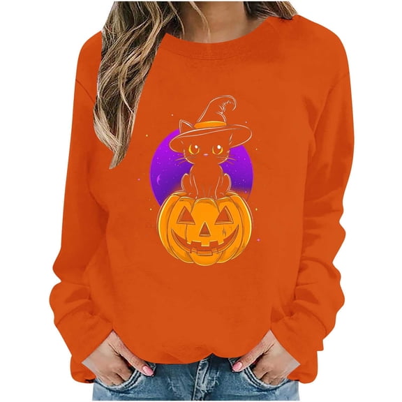 QTBIUQ Women Loose and Casual Halloween Printed Long-Sleeved Round-Neck Capless Sweater Orange