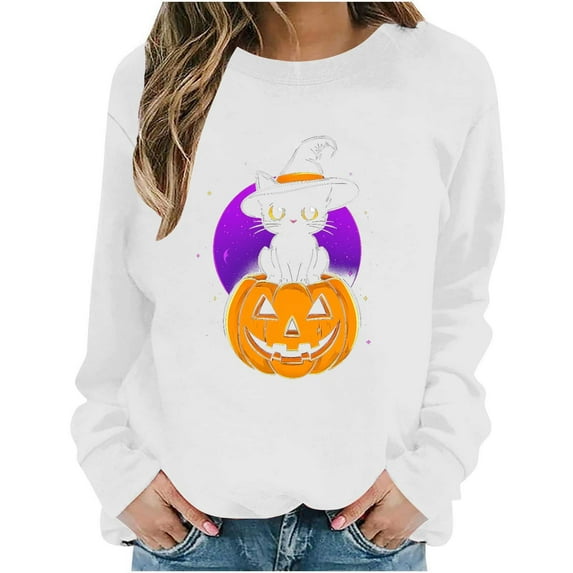 QTBIUQ Women Loose and Casual Halloween Printed Long-Sleeved Round-Neck Capless Sweater White