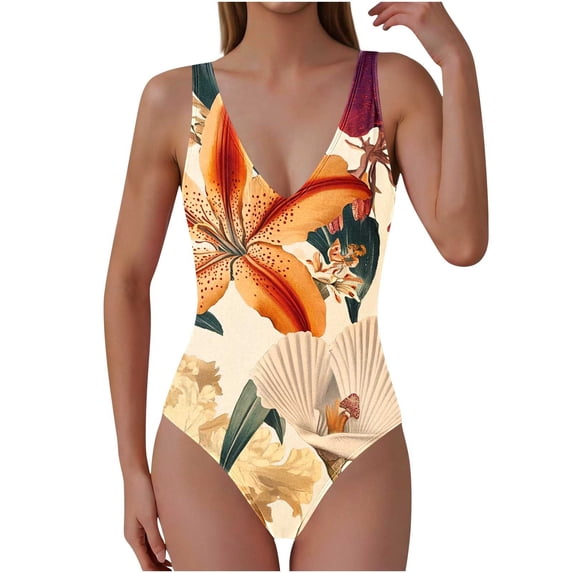 QTBIUQ Women One Piece Swimsuit V Neck Backless Sleeveless Floral Print Tummy Control Slimming Bathing Suit for Beach