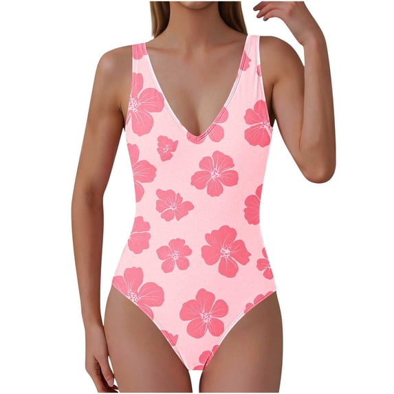 QTBIUQ Women One Piece Swimsuit V Neck Backless Sleeveless Floral Print Tummy Control Slimming Bathing Suit for Beach