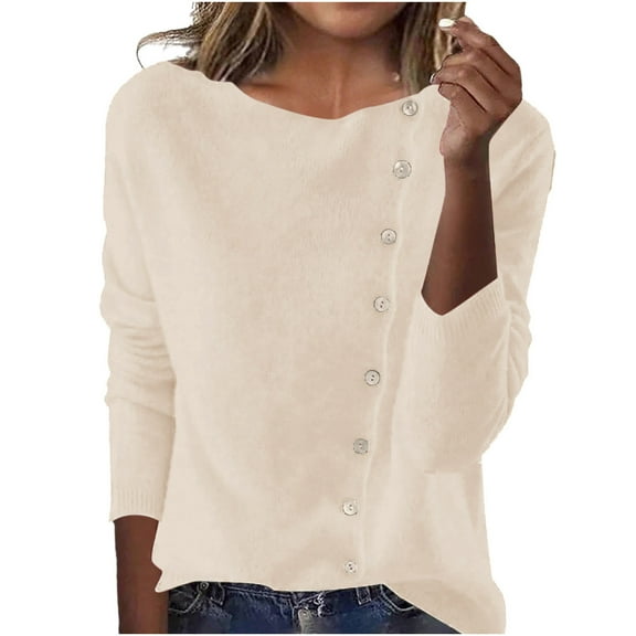 QTBIUQ Women Solid Button Casual Cardigan-Neck Long Sleeve Knitted Coat Beige