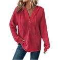 thumbnail image 1 of QTBIUQ Women Solid Casual Hooded Button Long Sleeve Drawstring Sweatshirt Top Red, 1 of 7