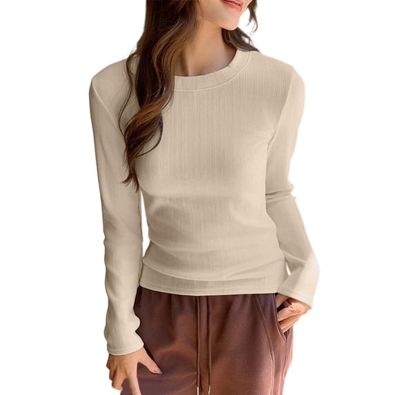 QTBIUQ Women Tops Slim Fit Solid Color Long Sleeve Round Neck Pullover Casual Fitted Blouse for Daily Wear Beige