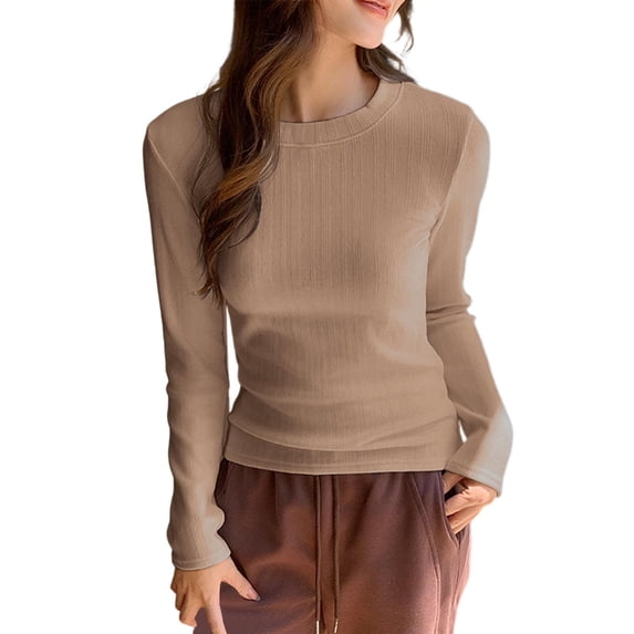 QTBIUQ Women Tops Slim Fit Solid Color Long Sleeve Round Neck Pullover Casual Fitted Blouse for Daily Wear Coffee