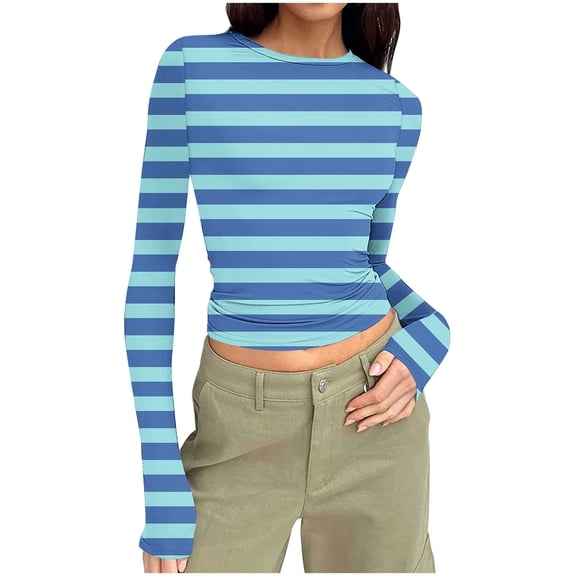 QTBIUQ Women Tops Slim Fit Striped Long Sleeve Round Neck Pullover Casual Fitted Blouse for Daily Wear Sky Blue
