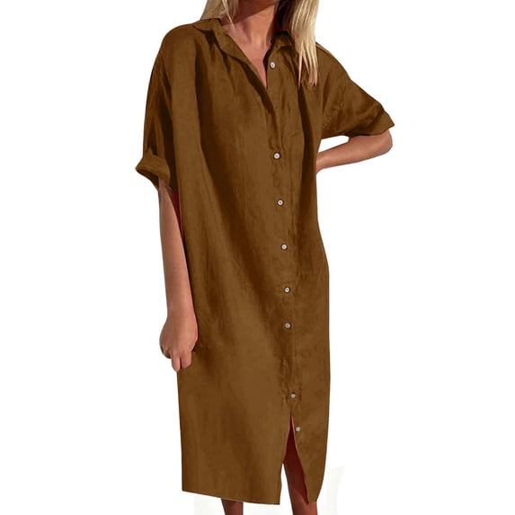 TFEOQRY Women's Button Down Maxi Dress Cotton Linen Short Sleeve V Neck Casual Loose Split Hem Sundress