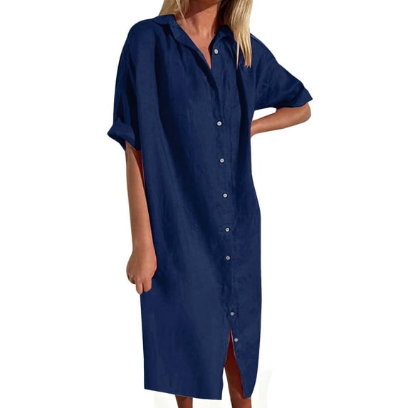 TFEOQRY Women's Button Down Maxi Dress Cotton Linen Short Sleeve V Neck Casual Loose Split Hem Sundress