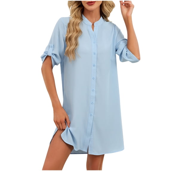 QTBIUQ Womens Button Down Shirt Dress Casual Short Sleeve Collared Tunic Dress Blouse Dress for Women