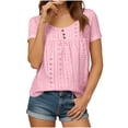 thumbnail image 1 of QTBIUQ Womens Casual Shirt Loose Round Neck Pleated Hem Floral Print Hollow out Short Sleeve Blouse Pink, 1 of 8