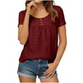 thumbnail image 1 of QTBIUQ Womens Casual Shirt Loose Round Neck Pleated Hem Floral Print Hollow out Short Sleeve Blouse Wine, 1 of 8