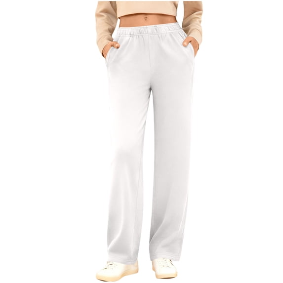 QTBIUQ Womens Casual Solid Color Elastic Waist Sweatpants Lounge Pants with Side Pockets White
