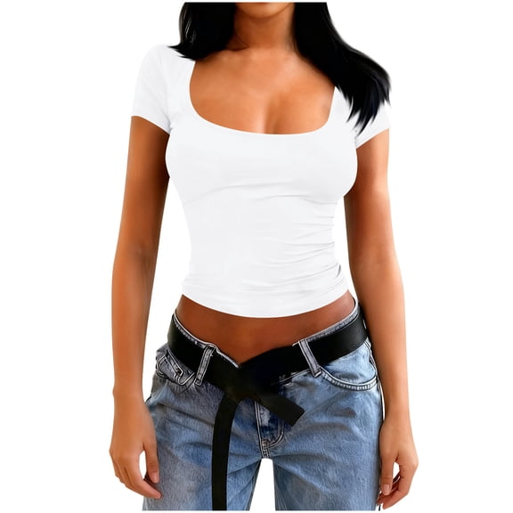 QTBIUQ Womens Casual T-Shirt Slim Fit Short Sleeve Top Soft Basic Tee Square Neck Blouse Comfortable Everyday Shirt White