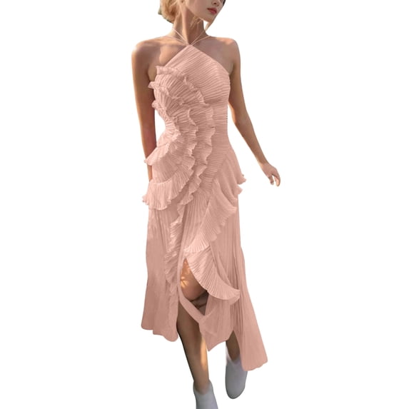 QTBIUQ Womens Chiffon Flows Dress Halter Neck Sleeveless Ruffle Beach Dress Solid Color Cocktail and Evening Dress