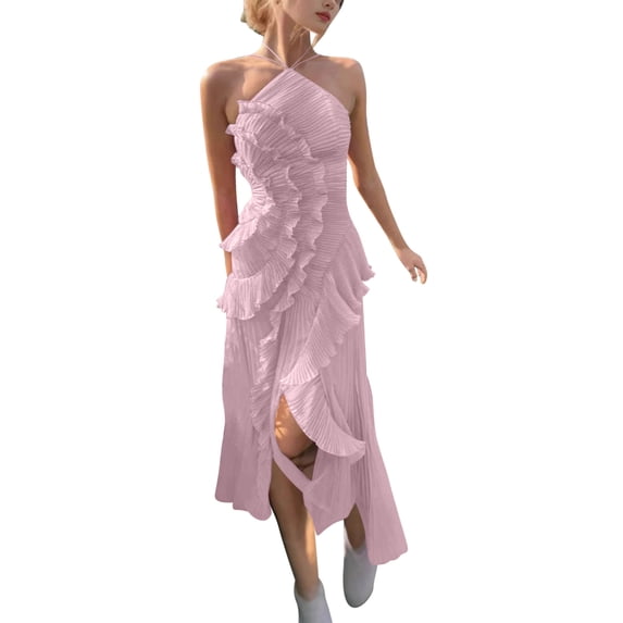 QTBIUQ Womens Chiffon Flows Dress Halter Neck Sleeveless Ruffle Beach Dress Solid Color Cocktail and Evening Dress