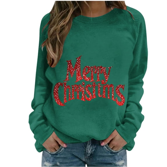 QTBIUQ Womens Christmas Printed Fashionable Loose Casual Long Sleeved Top Regular Sleeve Hooded Sweatshirt Army Green