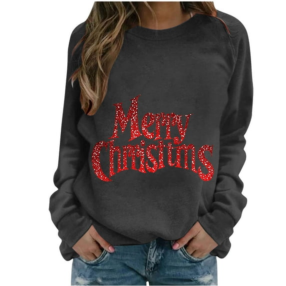 QTBIUQ Womens Christmas Printed Fashionable Loose Casual Long Sleeved Top Regular Sleeve Hooded Sweatshirt Black