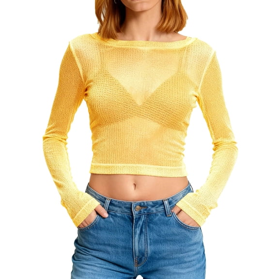 QTBIUQ Womens Crop Top Sheer Mesh Long Sleeve Hollow out Party Club Tunic Night out Sequin Blouse Gold