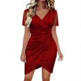 thumbnail image 1 of QTBIUQ Womens Dress V Neck Mesh Polka Dot Short Sleeve Pleated Casual Satin Dress for Relaxed Style and Comfort, 1 of 6