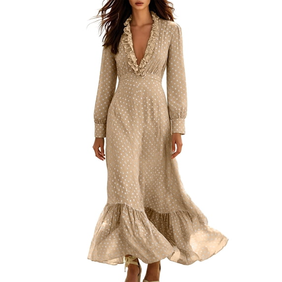 Long Point Bech QTBIUQ Womens Long Sleeve Dress Fall Ruffled Deep V-Neck Polka Chiffon ...