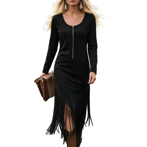 QTBIUQ Womens Long Sleeve Dress Fall Winter Square Neck Front Zip Slim ...
