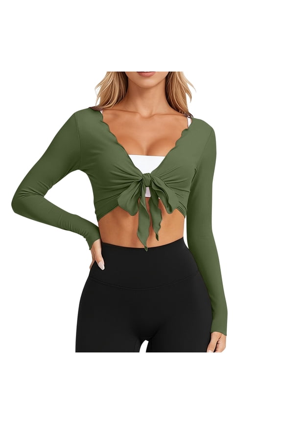 Womens Long Sleeve Front Wrap Lace up Cardigan Yoga Cover up Casual Solid Color Comfortable Tops Blouse Green