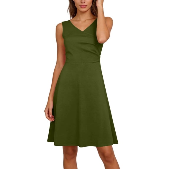 QTBIUQ Womens Mini Dress Solid Color Ruched Sleeveless V Neck Stretchy Casual Wear A Line Dress
