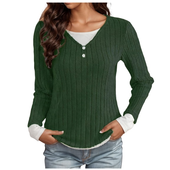 QTBIUQ Womens Mock Two Piece Sweater Long Sleeve Shirt Casual Round Neck Blouse Tunic Top for Fall Spring Soft Comfortable Fashion Tops Green