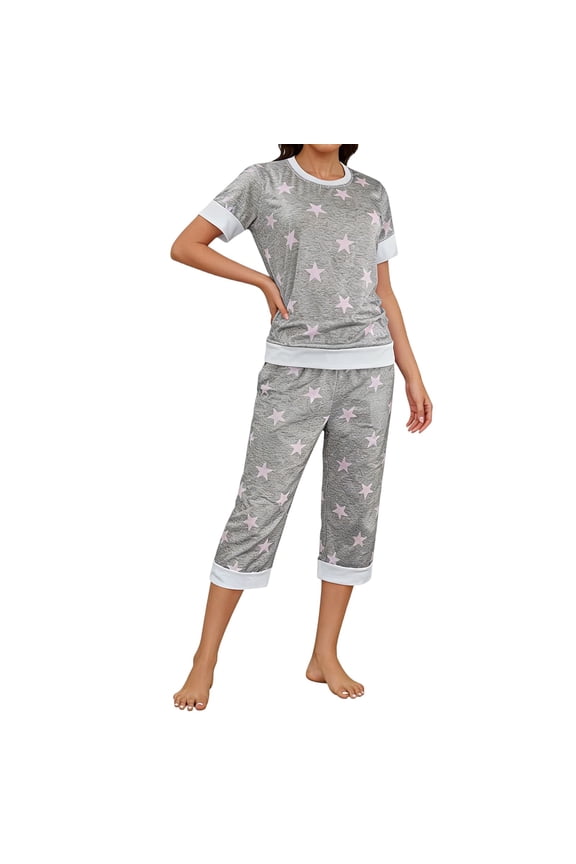 Womens Pajama Set Short Sleeve Crew Neck Tops and Capri Pants Lounge Set Star Print Comfortable Soft Two Piece Set Sleepwear Set Casual Home Wear