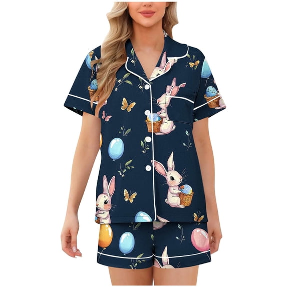 QTBIUQ Womens Pajama Set Short Sleeve Print Collar Button Down Shirt and Elastic Shorts Set Casual Summer Outfit Comfortable Two Piece Set Lounge Wear