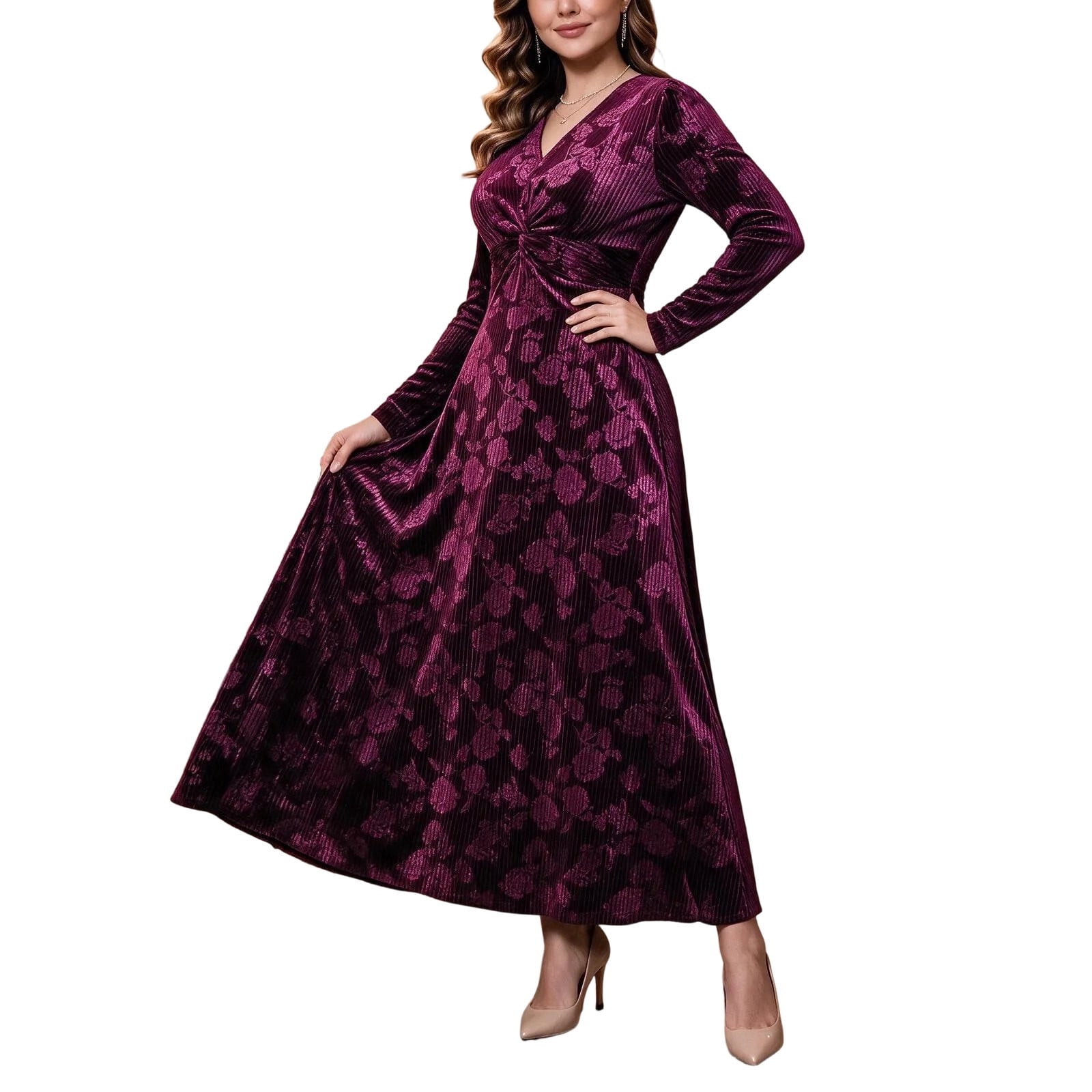 Velvet Collapse QTBIUQ Womens Plus Size Long Sleeve Dress Fall V-Neck Velvet Rose ...