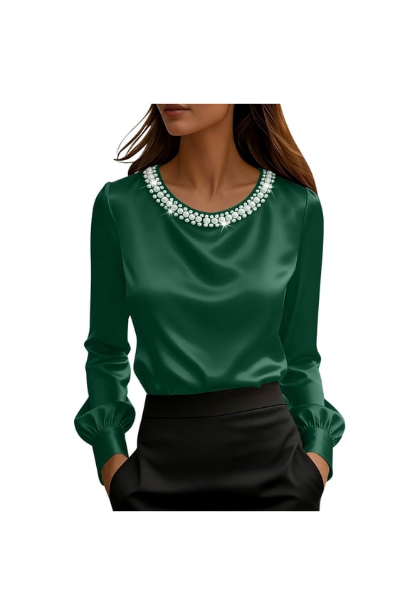 Womens Round Neck Pearl Embellished Satin Blouse Long Sleeve Top Elegant Solid Color Blouse for Commuting Green