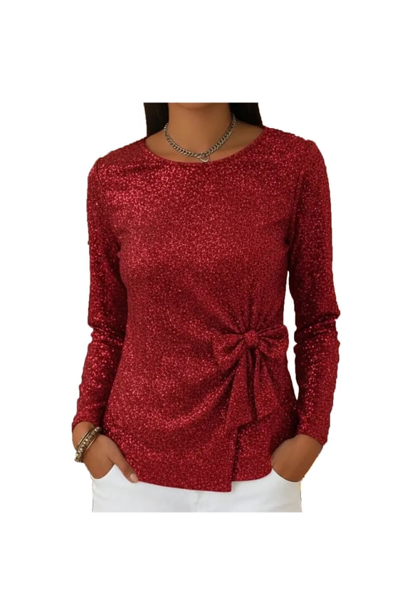 Womens Sequin Bow Detail Long Sleeve Pullover Top Round Neck Sparkly Holiday Party Blouse Cocktail Night out Shirt Red