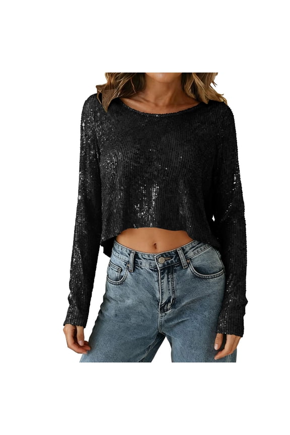 Womens Sequin Party Top Long Sleeve Round Neck Sparkly Blouse Glitter Midriff-Baring Shirt for Evening Events Black