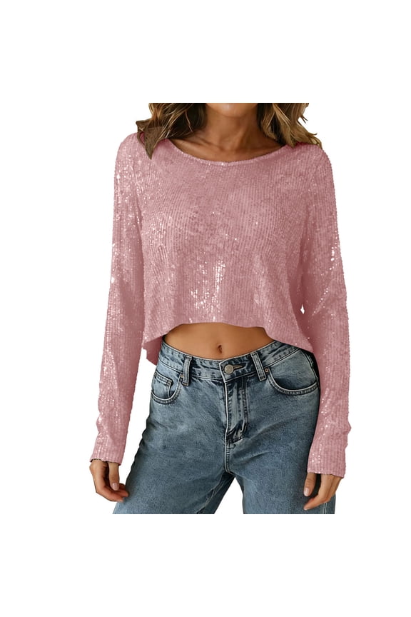 Womens Sequin Party Top Long Sleeve Round Neck Sparkly Blouse Glitter Midriff-Baring Shirt for Evening Events Pink