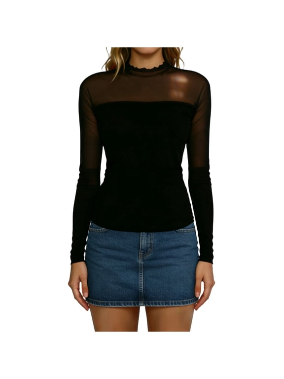 Womens Stretch Mesh Long Sleeve Top Base Layer Fitted Shirt High Elasticity Layering Essential Blouse Black