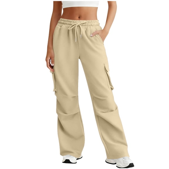 QTBIUQ Womens Sweatpants with Multiple Pockets Elastic Waist Drawstring Casual Solid Color Work and Sports Pants for Women Comfortable Lounge Trousers Versatile Joggers Beige