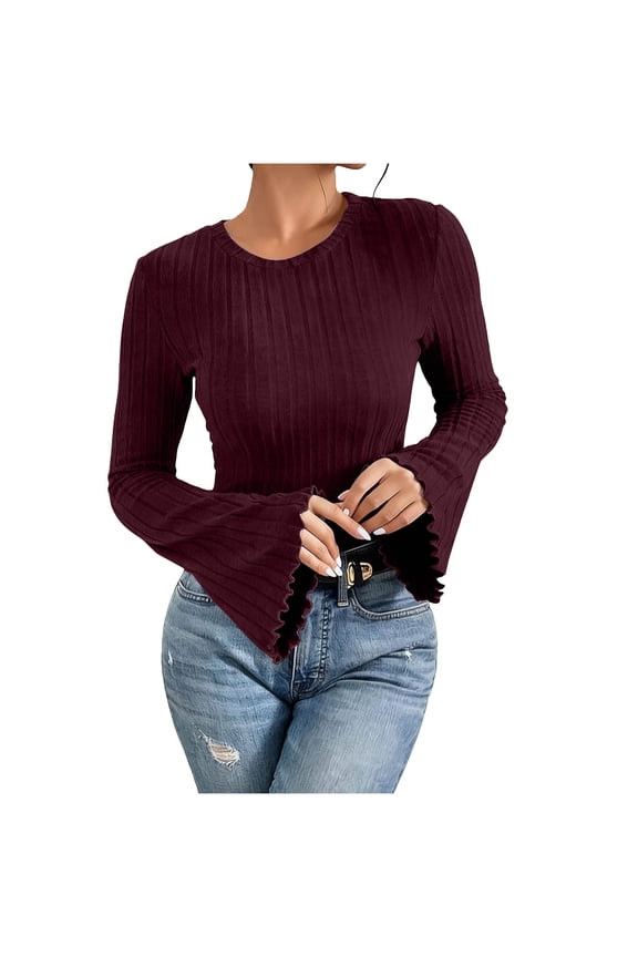 Womens Tops Blouse Long Sleeve Flare Sleeve Top Casual Fit Shirt Solid Color Tunic Wine