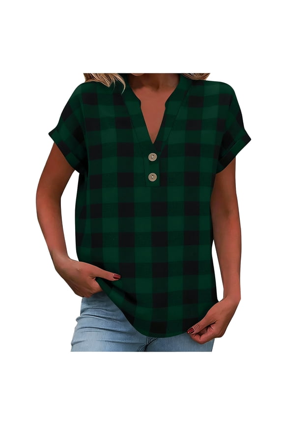 Womens Tops Short Sleeve V Neck Front Button Grid Print Loose Comfortable Breathable Casual Summer T-Shirt Green