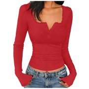 QTBIUQ Womens Tops V Neck Lace Detail Slim Fit Knit Top Long Sleeve Blouse Button Front Ribbed Stretch Shirt Basic Tee Red