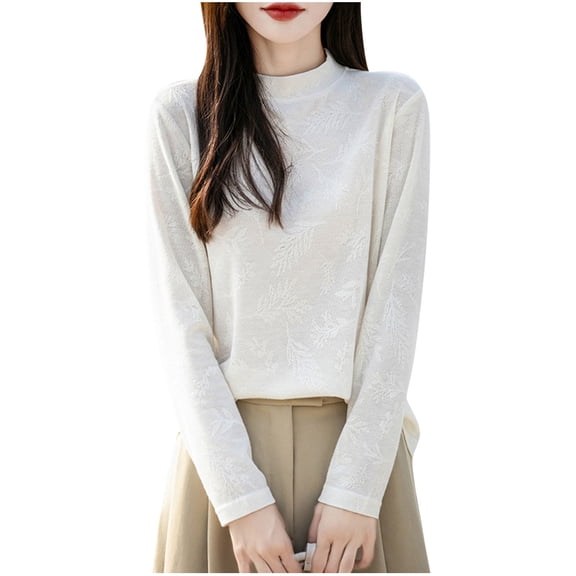 QTBIUQ Womens Turtleneck Sweater Knit Pullover Leaf Embroidery Long Sleeve Casual Top Solid Color Blouse Beige