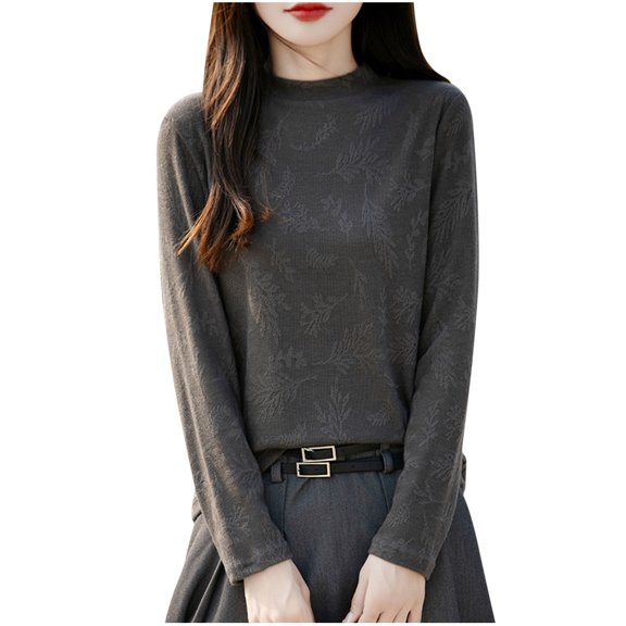 QTBIUQ Womens Turtleneck Sweater Knit Pullover Leaf Embroidery Long Sleeve Casual Top Solid Color Blouse Gray
