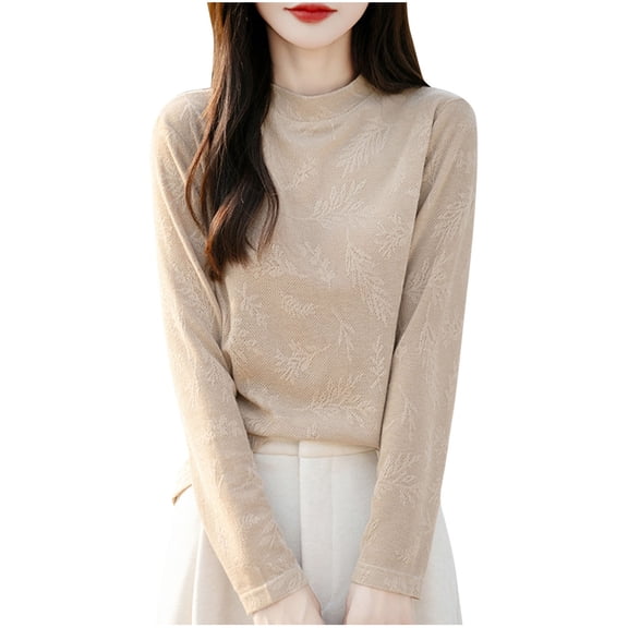 QTBIUQ Womens Turtleneck Sweater Knit Pullover Leaf Embroidery Long Sleeve Casual Top Solid Color Blouse Khaki