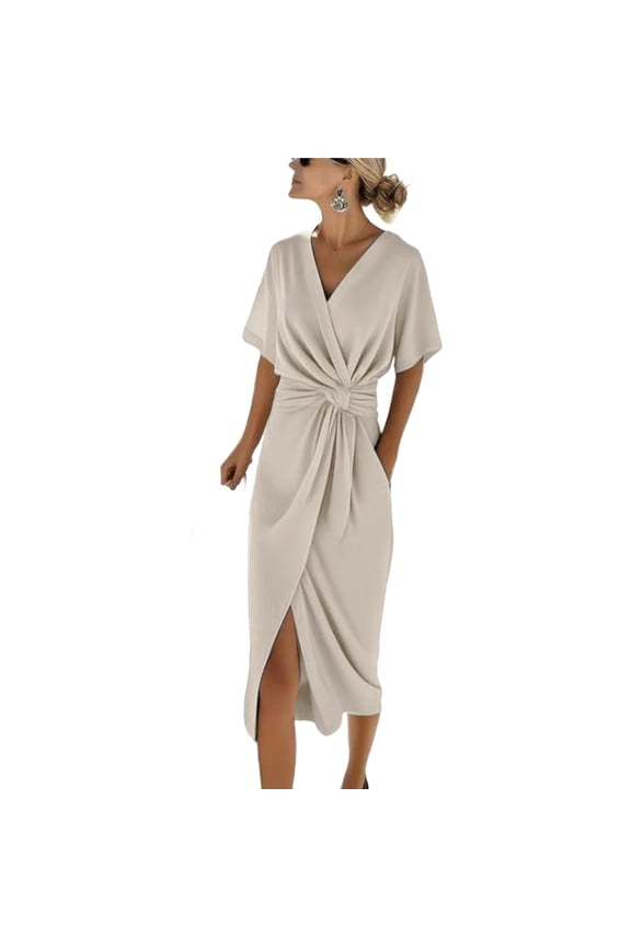 Womens V Neck Short Sleeve Wrap Dress with Twist Waist Slit Solid Color Midi Length Casual Summer Dress